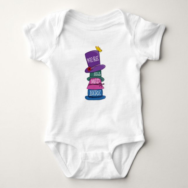 We're All Mad Here Mad Hatter Alice in Wonderland Baby Bodysuit (Front)