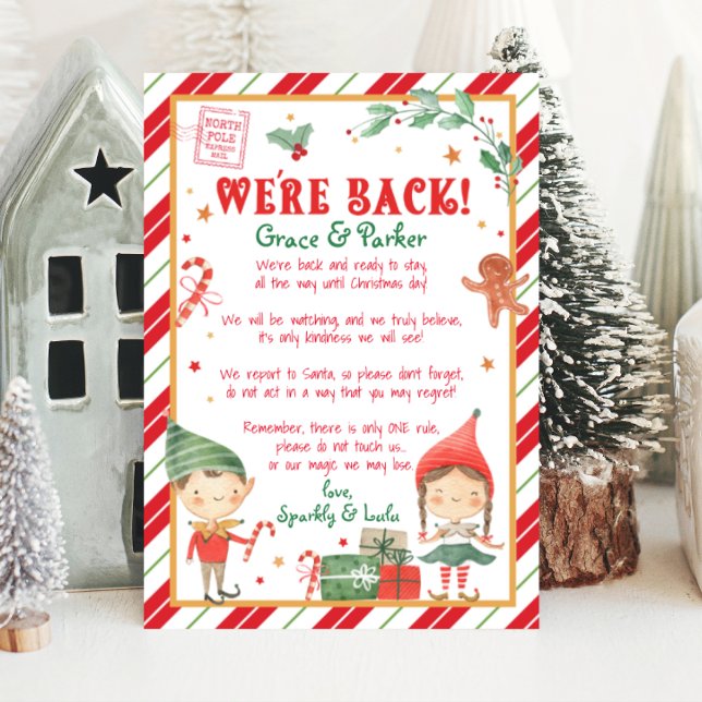 We're Back Letter from Your Christmas Elf Invitation (welcome your elf back with this personalized we are back Christmas elf letter. Print from home.)