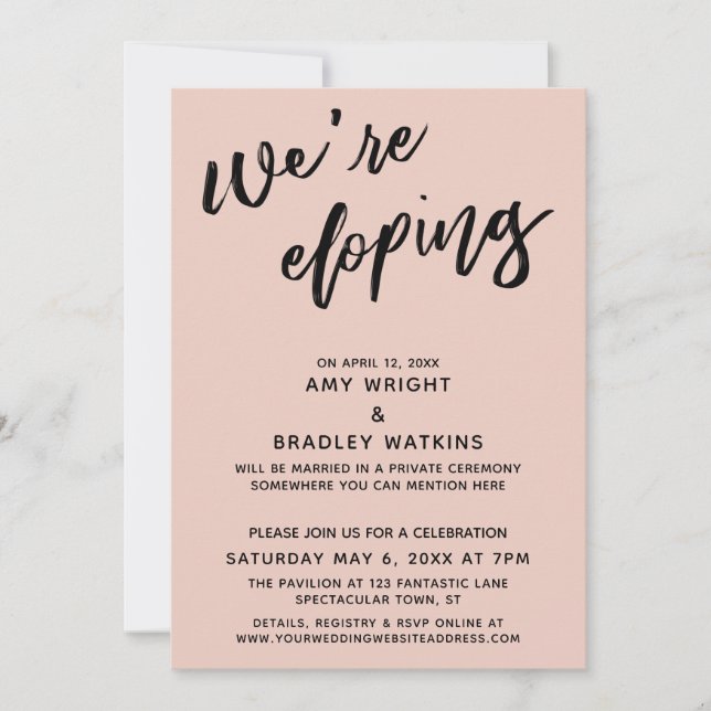 We're Eloping Modern Handwriting Typography Blush Invitation (Front)