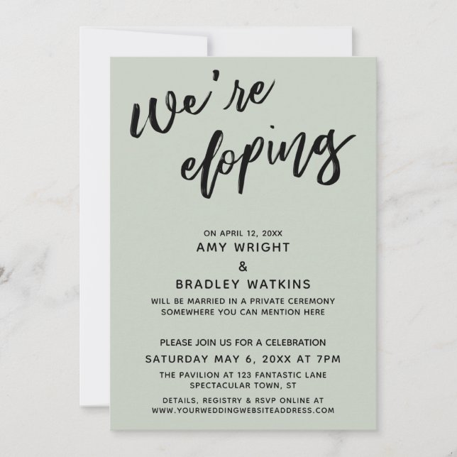 We're Eloping Modern Handwriting Typography Sage Invitation (Front)