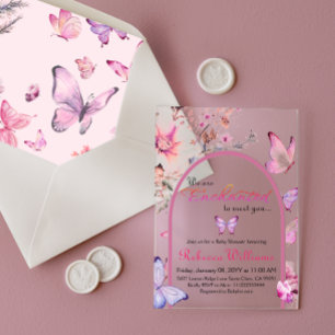 We're Enchanted To Meet Pink Butterfly Baby Shower Acrylic Invitations