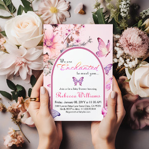 We're Enchanted To Meet Pink Butterfly Baby Shower Invitation