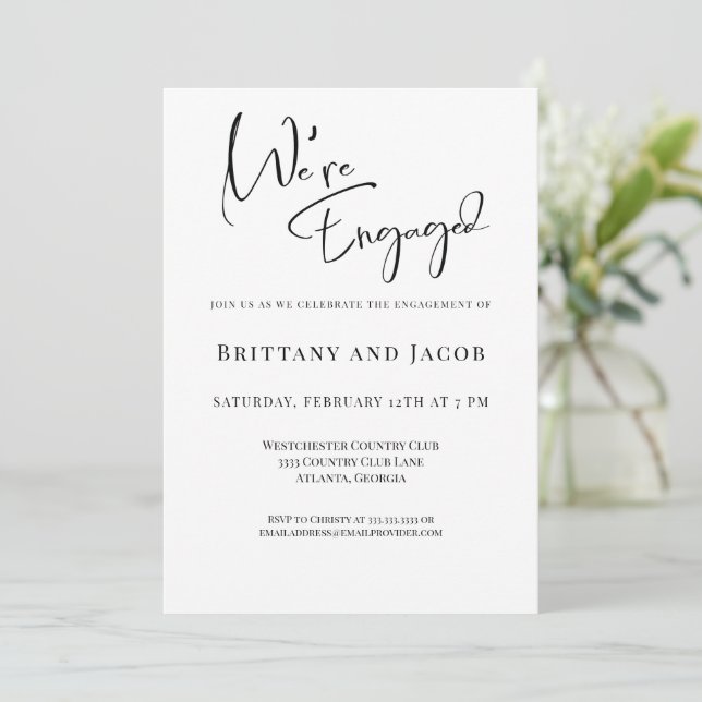 We're Engaged Black White Engagement Party Invitation (Standing Front)