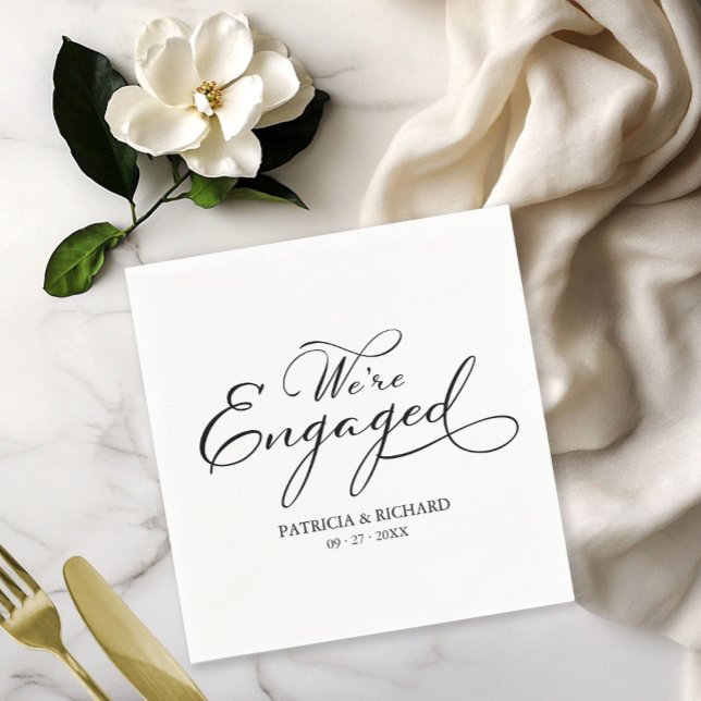 We're Engaged Black White Engagement Party Napkin (Creator Uploaded)