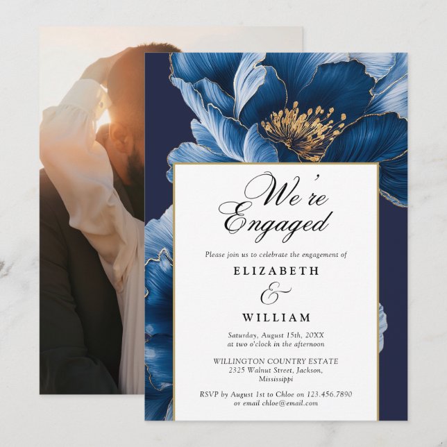 We're Engaged Blue Floral Engagement Party Photo Invitation (Front/Back)