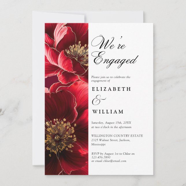 We're Engaged Burgundy Floral Engagement Party Invitation (Front)