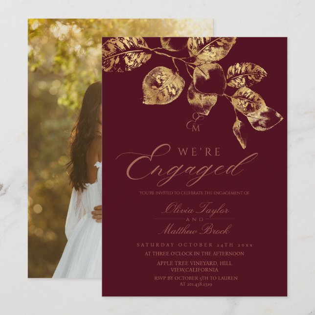 We're Engaged Burgundy Photo Engagement Party  Invitation (Front/Back)