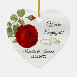 We're Engaged    Deep Red Rose Ceramic Tree Decoration