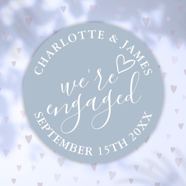 We're Engaged Engagement Party Dusty Blue Classic Round Sticker (We're Engaged Engagement Party Dusty Blue Classic Round Sticker)