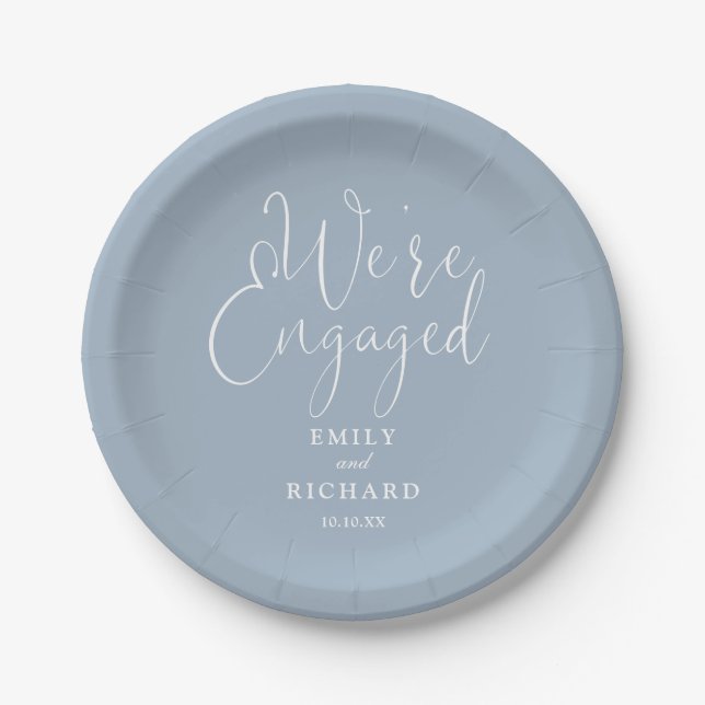 We're Engaged Engagement Party Dusty Blue Paper Plate (Front)