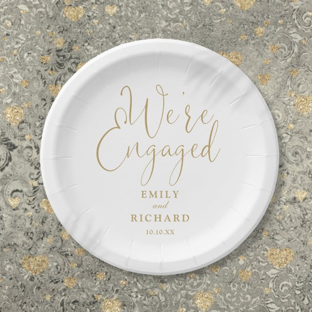 We're Engaged Engagement Party Elegant Gold Paper Plate (We're Engaged Engagement Party Elegant Gold Paper Plates)