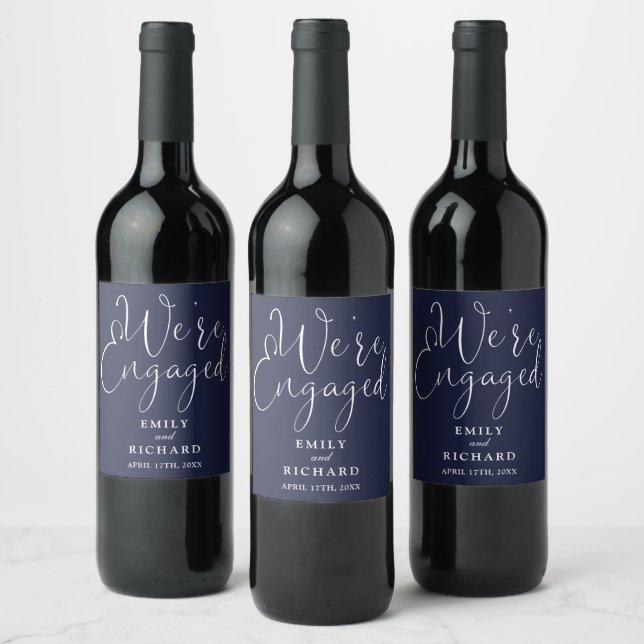 We're Engaged Engagement Party Navy Blue Wine Label (Bottles)