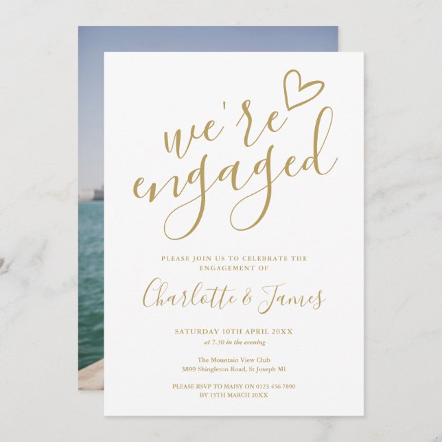 We're Engaged Engagement Party Photo Chic Gold Invitation (Front/Back)