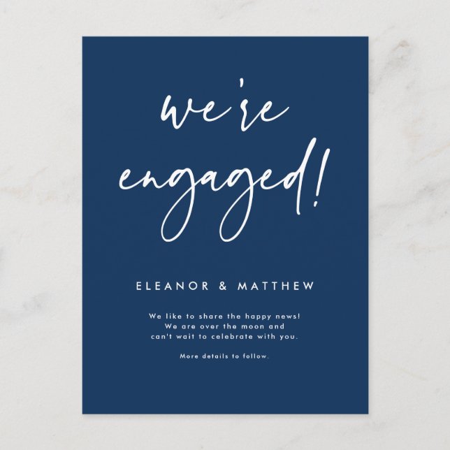 We're Engaged Hand Lettering Navy Blue Engagement Announcement Postcard (Front)