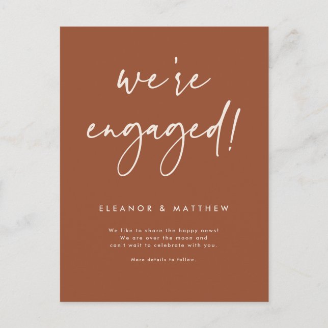 We're Engaged Hand Lettering Terracotta Engagement Announcement Postcard (Front)