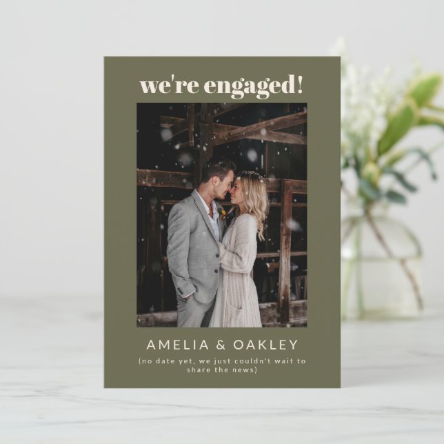 We're Engaged Minimalist Elegant Photo Olive Green Announcement (Standing Front)