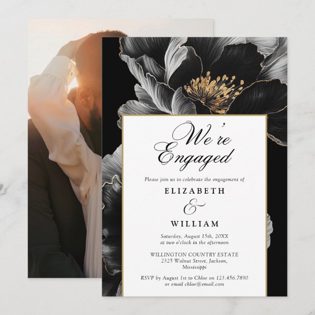 We're Engaged Modern Floral Engagement Party Photo Invitation (Front/Back)