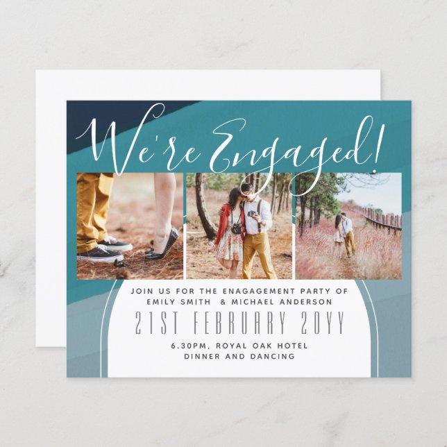 We're Engaged! Modern Photo Collage Invites BUDGET (Front/Back)