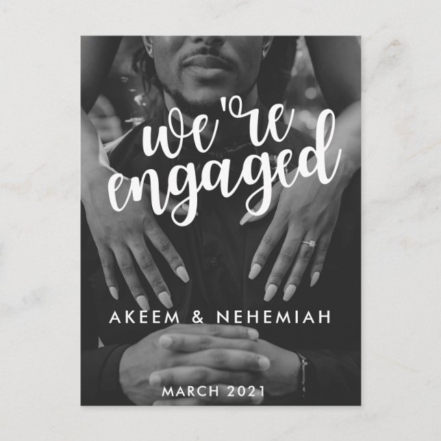 We're Engaged|Modern Two Photos Elegant Holiday Postcard (Front)