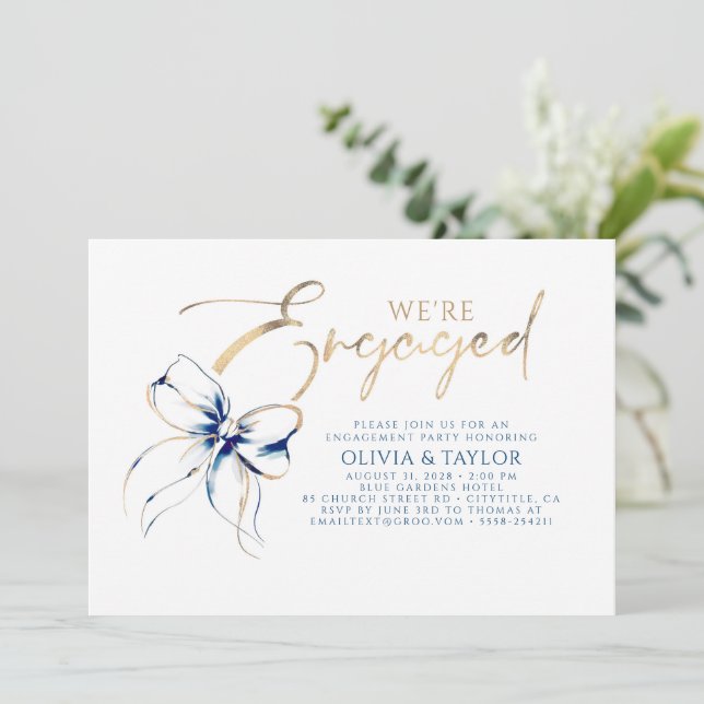 We're Engaged Navy Blue Bow Engagement Party Invitation (Standing Front)