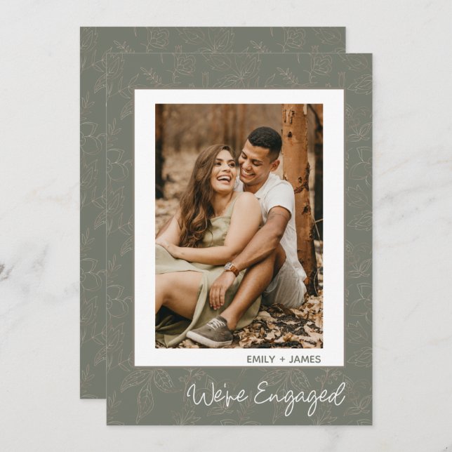 We're Engaged Photo Green Floral Engagement Party Invitation (Front/Back)