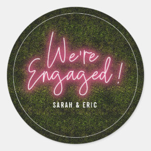 We're Engaged Pink Neon Engagement Party Classic Round Sticker