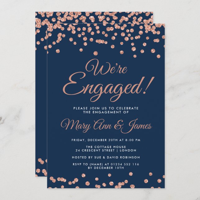 We're Engaged! Rose Gold Glitter Confetti Navy Invitation (Front/Back)