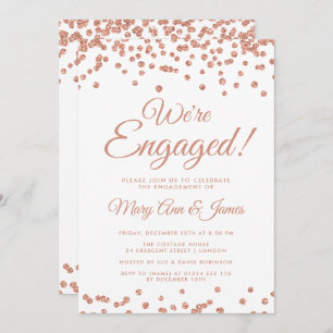 We're Engaged! Rose Gold Glitter Confetti White Invitation