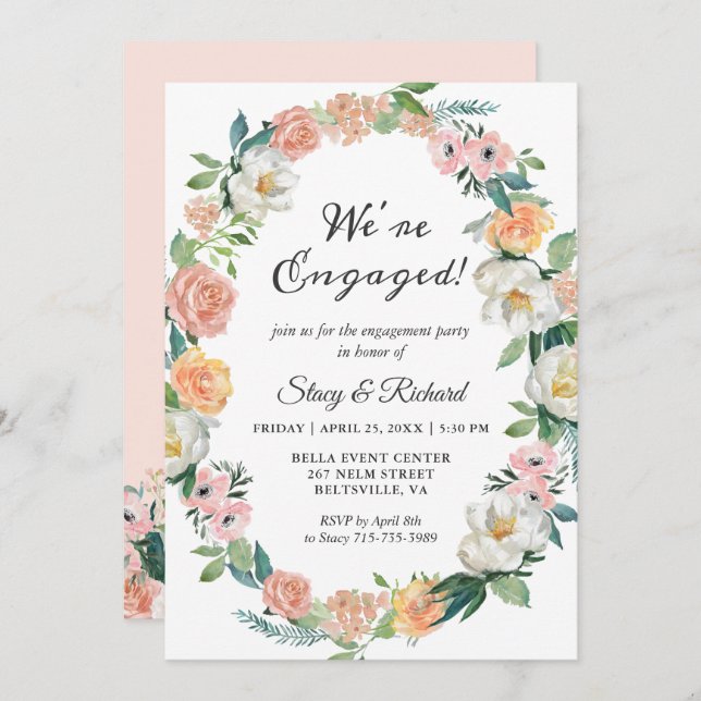We're Engaged Roses Floral Wreath Engagement Party Invitation (Front/Back)