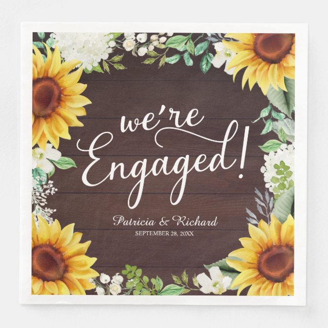 We're Engaged Rustic Sunflowers Engagement Party Napkin (Front)