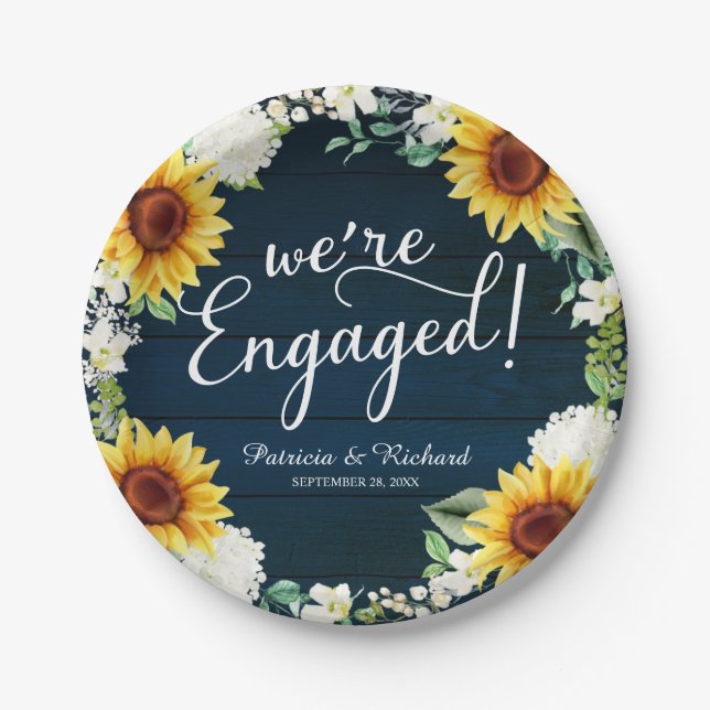 We're Engaged Rustic Sunflowers Engagement Party Paper Plate (Front)