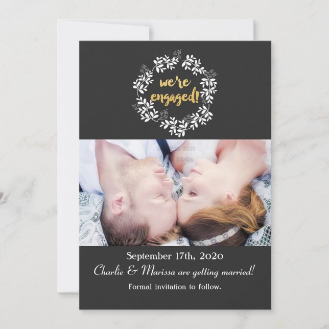 WE'RE ENGAGED Rustic Wreath Wedding Photo Card (Front)
