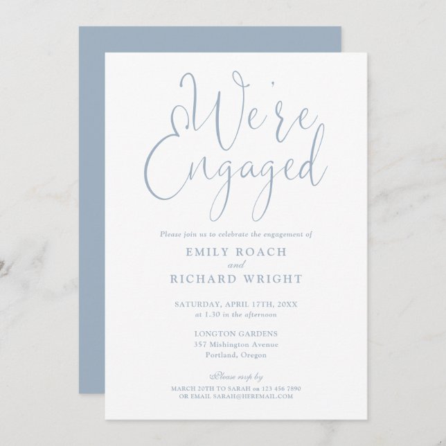 We're Engaged Script Dusty Blue Engagement Party Invitation (Front/Back)