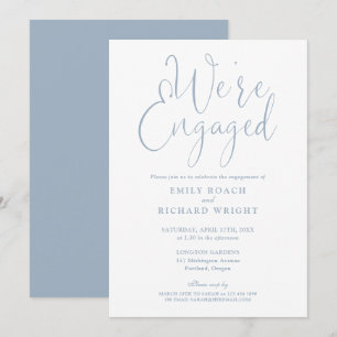 We're Engaged Script Dusty Blue Engagement Party Invitation