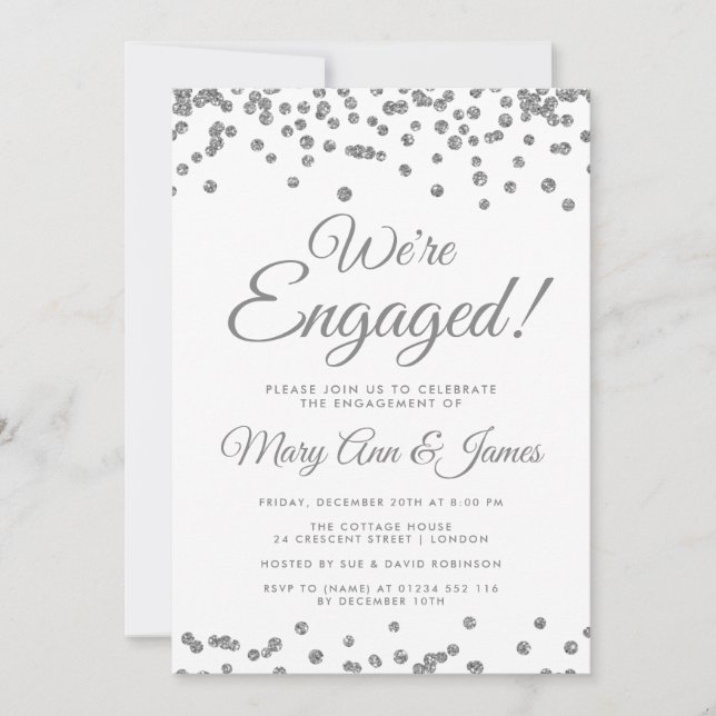 We're Engaged! Silver Glitter Confetti Invitation (Front)