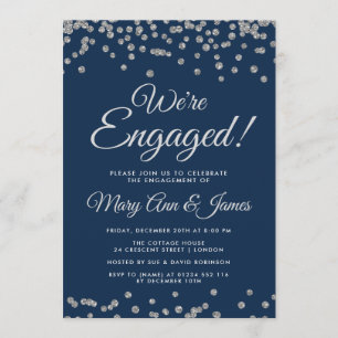 We're Engaged! Silver Glitter Confetti Navy Blue Invitation
