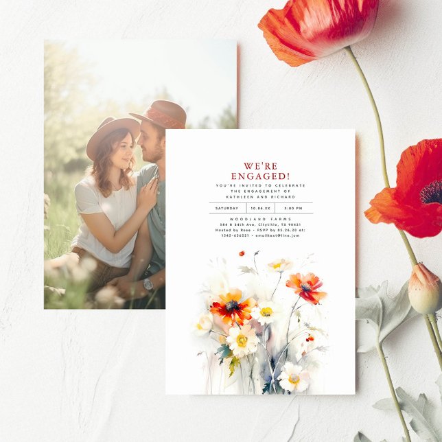We're Engaged Wildflowers Engagement Party Photo Invitation (Wildflowers Minimalist Elegant Engagement Party Photo Invitations "We're Engaged!")