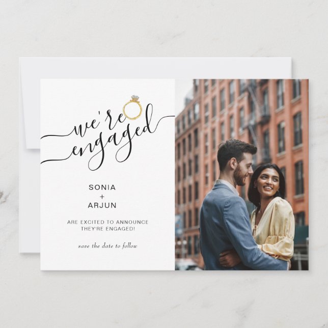 We're Engaged with couple's photo engagement Announcement (Front)