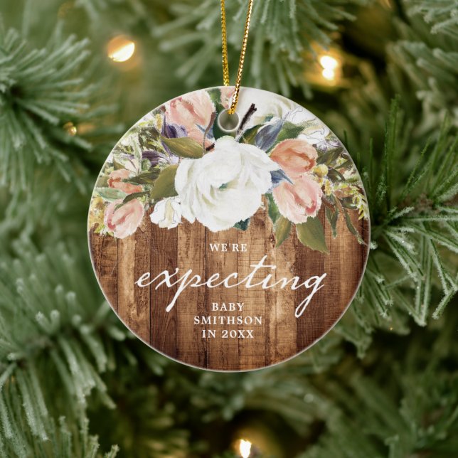 We're Expecting Personalised Pregnancy Reveal Wood Ceramic Ornament (Tree)