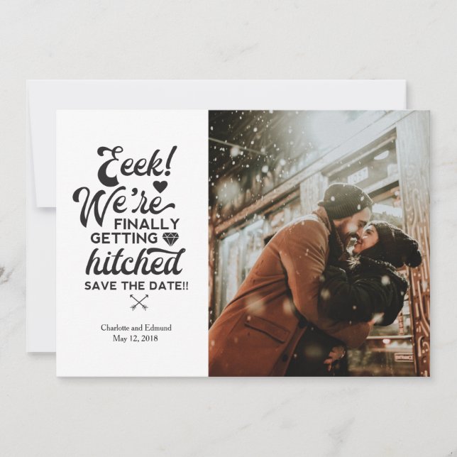 We're finally getting hitched save the date card (Front)