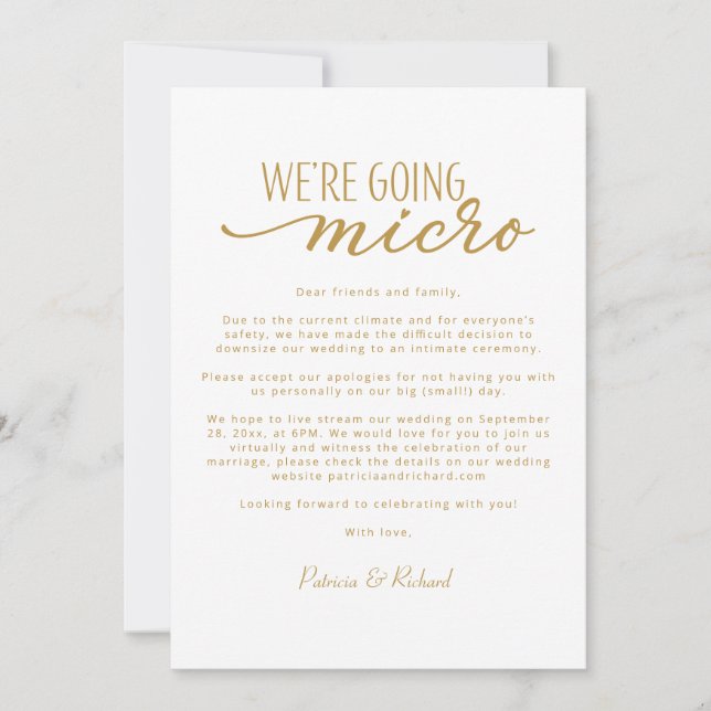 We're Going Micro Downsize Wedding Announcement (Front)