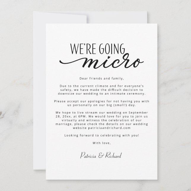 We're Going Micro Downsize Wedding Announcement (Front)