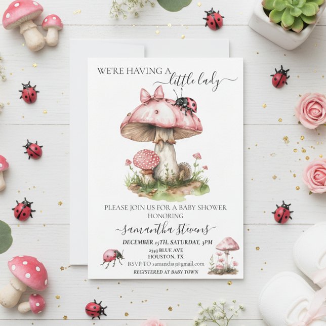 We're Having a Little Lady Ladybug Pink Mushroom Invitation (Creator Uploaded)