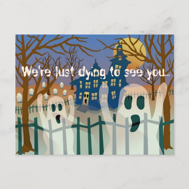 We're Just Dying Halloween Invitation Postcard (Front)