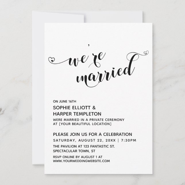 We're Married Hearts Typography Reception Only Invitation (Front)