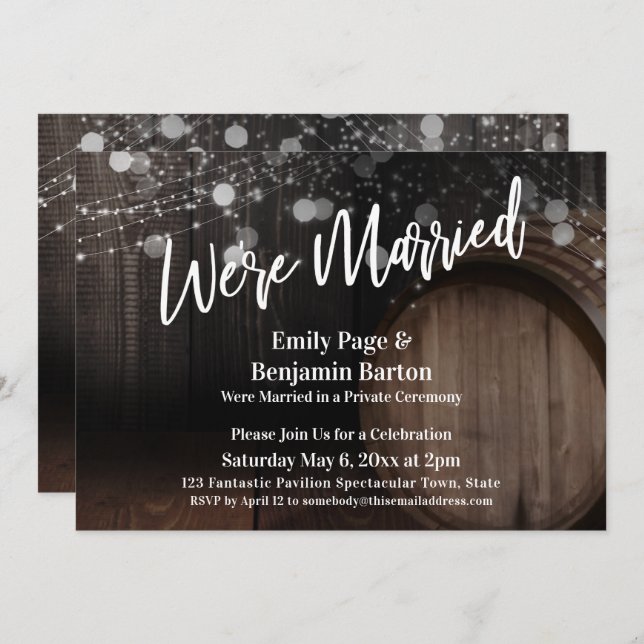 We're Married Rustic Wood Barrel and Lights Invitation (Front/Back)
