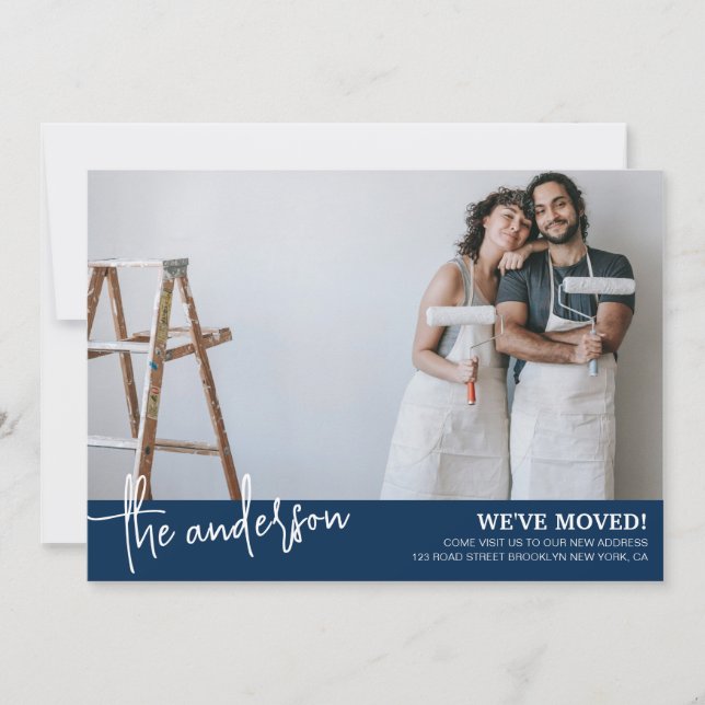 We're Moved Modern Minimalist Navy Blue Moving Announcement (Front)