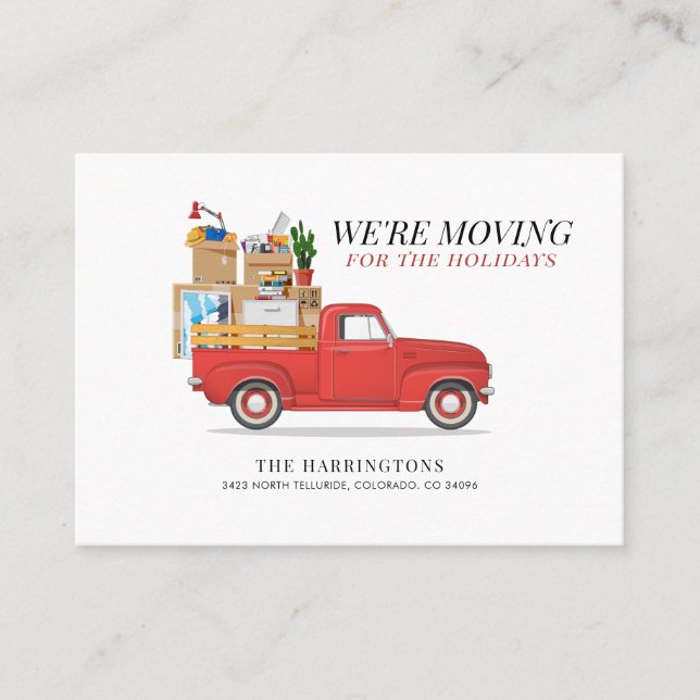 We're Moving Holiday Change of Address Red Truck Business Card (Front)