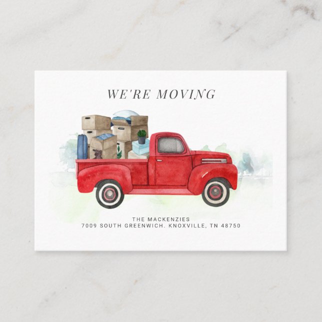 We're Moving Red Truck Change of Address Business Card (Front)