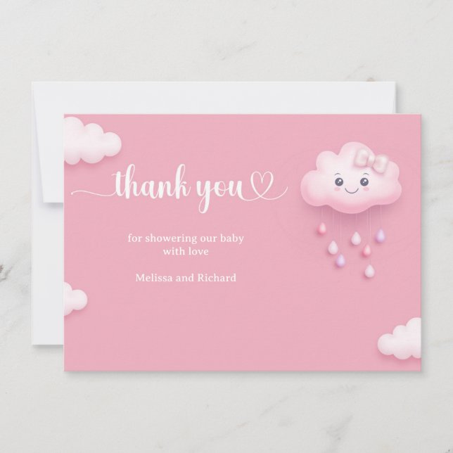 We're on cloud 9 cute cartoon cloud pink girl thank you card (Front)